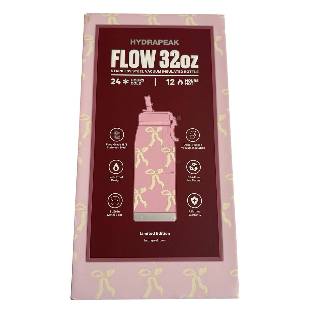 Hydrapeak Pink Bow Flow 32oz Insulated Water Bottle Artisan Collection NEW - Picture 2 of 3